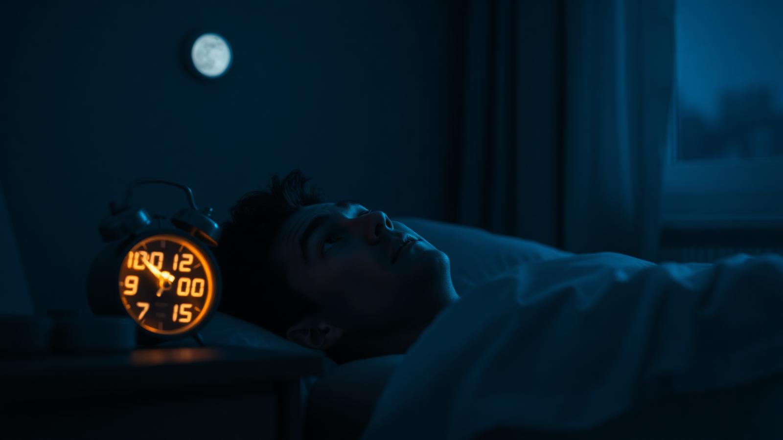 Pessoa deitada acordada à noite, olhando para o teto com dificuldade para dormir
